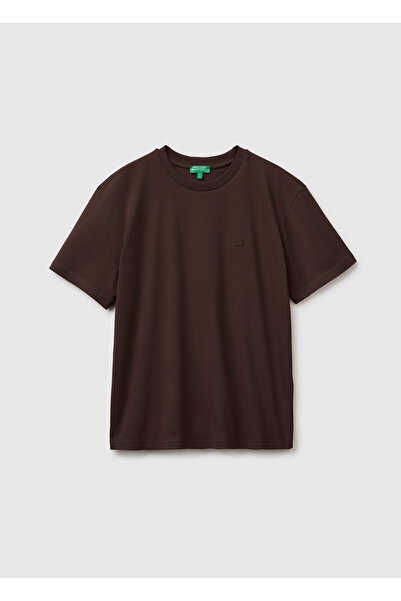 United Colors of Benetton Men's dark brown 100% cotton logo bicycle collar t-...