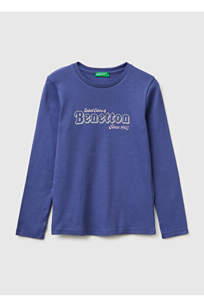 United Colors of Benetton تي شيرت بناتي ذو أكمام طويلة وياقة دائرية وتفاصيل ش...