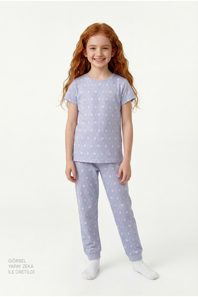 Penti Girl's Lilac Diamond Short Sleeve 2-Piece Pajama Set