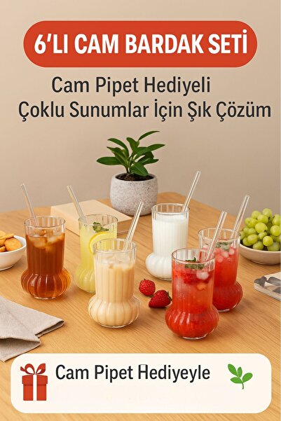 Open Home Concept 6 Pieces Premium Glass Cup with Glass Straw Gift – Cold Cof...