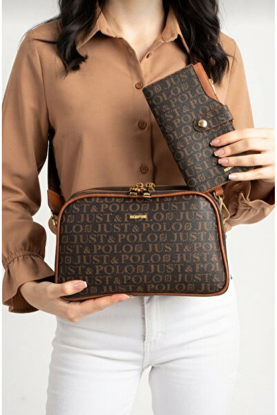 Just Polo Women's Brown-Tan Shoulder Bag AND Wallet Combination