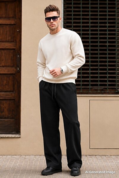 Madmext Black Relaxed Fit Men's Sweatpants with Front Stitching Detail E6590