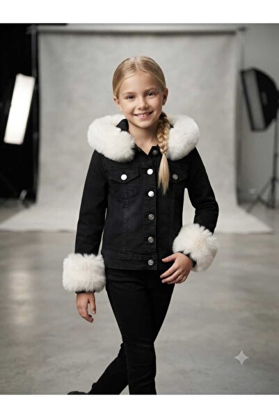 Hilal Akıncı Kids Girl's Black Jeans Jacket with Colorful Fur Hood and Sleeves