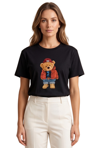 DK DAKSEL Μαύρο χρώμα Basic Teddy Bear Κόκκινο Παλτό με στάμπα Γυναικείο T-Shirt