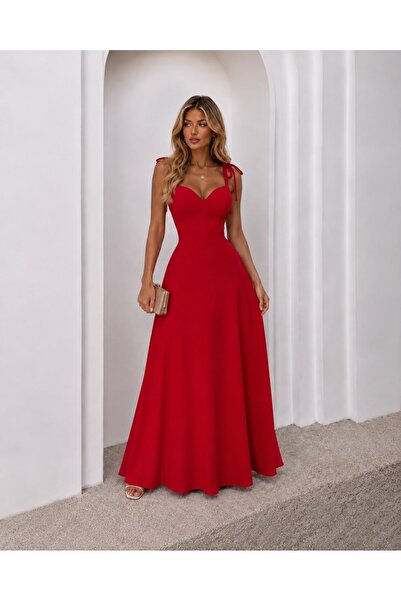 Modafeminen Red String Strap Shoulder Tie Chest Cutout Long Evening Dress 58824