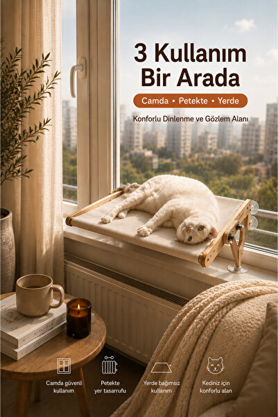 atolyeman Vantuzlu Cam/Pencere Ahşap Kedi Yatağı, Peteğe Asılabilir, Kalorife...