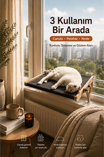 atolyeman Vantuzlu Cam/Pencere Ahşap Kedi Yatağı, Peteğe Asılabilir, Kalorife...