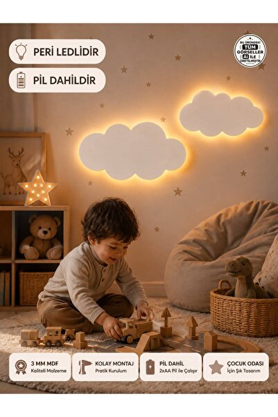 Windly Concept 2'li LED Işıklı Bulut Duvar Süsü MDF Bebek Odası Dekoru Çocuk ...