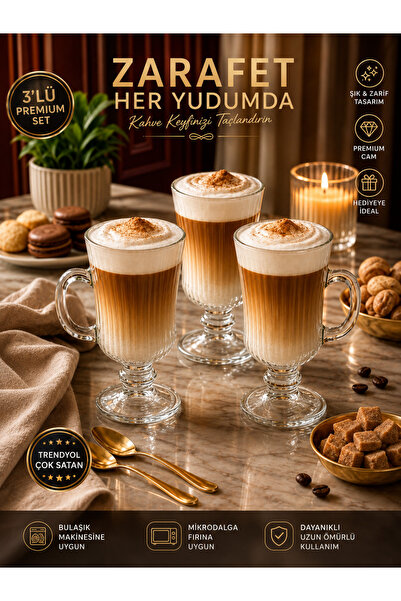çukurova home Ayaklı ve Kulplu Cam Kokteyl ve Latte Kupası (3 Adet) 230ml