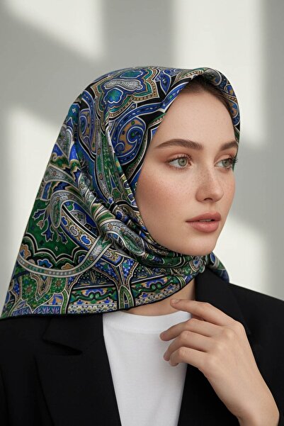 Vissona 100% Twill İpek Etnik Desenli Saks - Zümrüt Yeşili Renkli 90x90 Dikim...