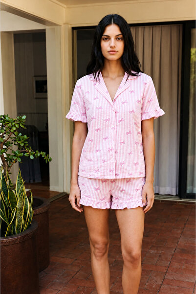 FİT WOMEN Set de pijamale roz largi pentru femei, cu pantaloni scurți elastici