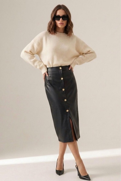 Grenj Fashion Black Faux Leather High Waist Maxi Skirt with Gold Button Detai...