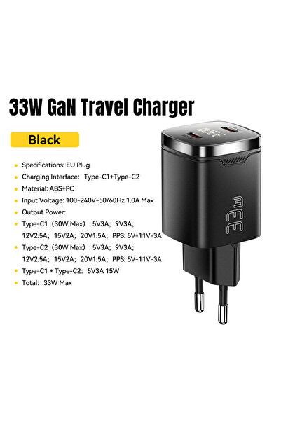 essager 33W EU BLACK 33W GaN USB C Charger Digital Display PD Fast Charging F...