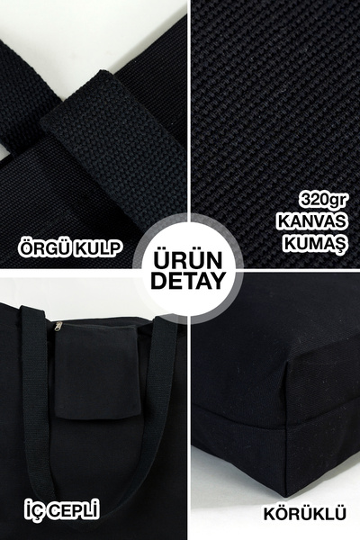 Bammerz Kanvas Alışveriş/plaj Çantası Iç Cepli Örgü Kulp | Siyah Kanvas Çanta | Büyük Boy Market Çantası
