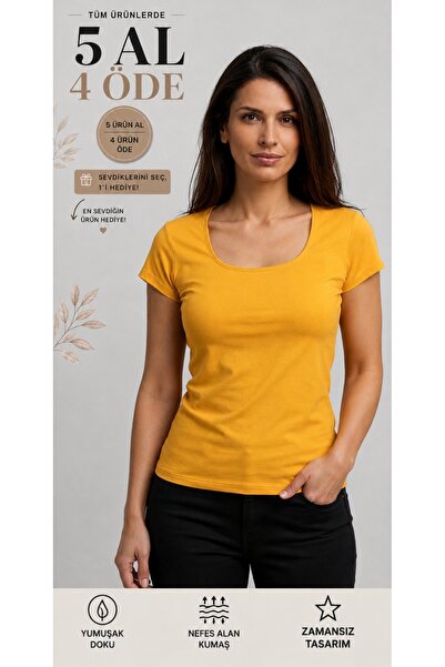 moda felinya KADIN KISA KOLLU KARE YAKA SARI RENK BODY T-SHİRT BLUZ