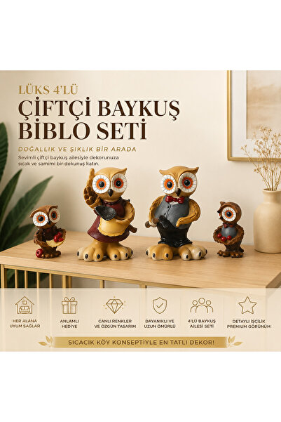 e-life shop Lüks İşlemeli Polyester 4lü Çiftçi Baykuş Ailesi Biblo Seti Ofis ...