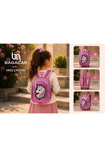 Bagacar Unikorn Desen Pembe Tekerlekli Anaokulu ve Kreş Sırt Çantası