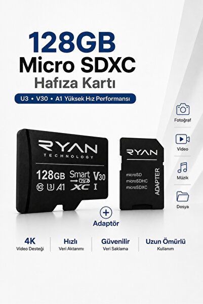 Ryan 128GB Micro SD Hafıza Kartı U3 V30 A1 SDXC 4K Video Destekli Yüksek Hızl...
