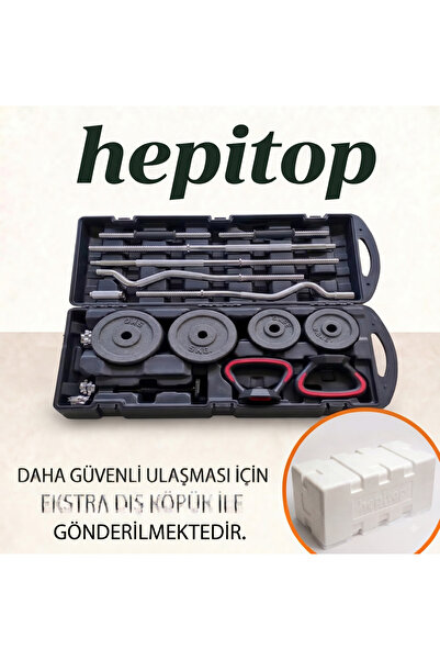 HEPİTOP 55 Kg Çantalı Döküm Demir Plaka Dambıl Seti Siyah Dumbbell Set Z Barl...
