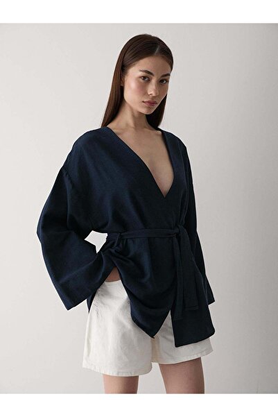 Laluvia Navy Blue Cotton Button Detailed Belted Linen Kimono