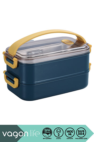 Vagonlife Bento 1400ml Lunchbox New Collection 2 Layer Silicone Handle Stainl...