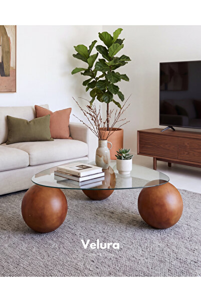Velura Home & Living Modern Orta Sehpa & Küre-Top Sehpa & Üçgen Cam-Ceviz
