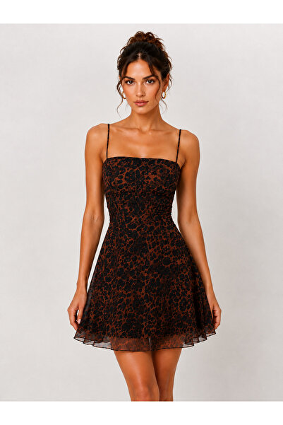 SHEBARA ROCHIE TRENDY DIN TUL CU IMPRIMEU LEOPARD ȘI CĂPTUȘEALĂ