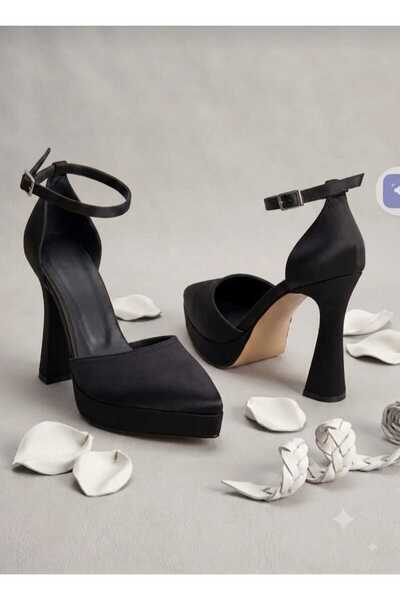 Livante Women's Pointed Toe Platform Heeled Evening Dress Shoes Black Satin