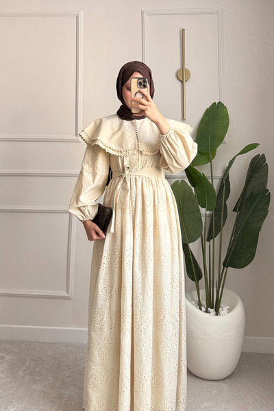 ensade Design Balloon Sleeve Yellow Summer Belted Lined Beige Scallop Dress