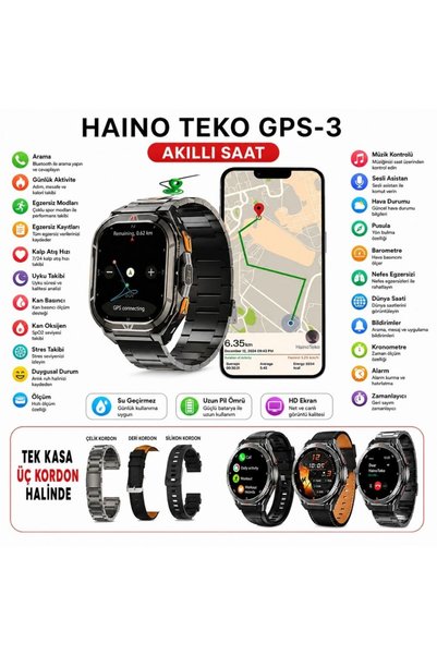 haino teko germany HainoTeko GPS-2 Akıllı Saat GPS Özellikli AMOLED Ekran 3 ATM Su Geçirmez 3 Kordonlu Bluetooth Aramalı Siyah
