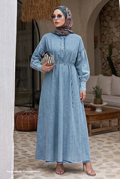 InStyle Blaues Jeanskleid mit Knöpfen und Ärmelmanschetten