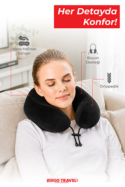 Viscofoam Comfy Ortopedik Seyahat Yastığı Visco Boyun Destekli Seyahat Yastığı - Siyah | Ergo Travel
