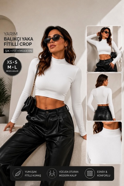 Olyssia Bluză crop cu mânecă lungă, albă, cu guler tip maletă, pentru femei