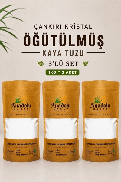 ANADOLU HASAT 3 Adet-Çankırı Öğütülmüş Kristal Kaya Tuzu 3 Kg (DOĞAL)