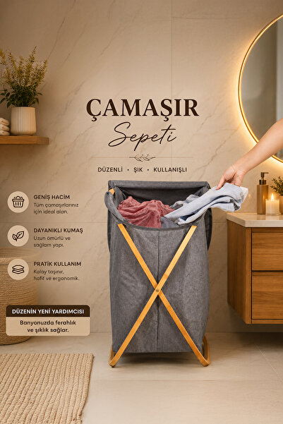 Porsima Mio-100 Bambu Banyo Kirli Çamaşır Sepeti Banyo Düzenleyici Sepet 40,5...