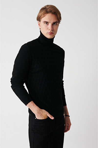 Avva Men's Black Turtleneck Cotton Patterned Knitwear Sweater A32Y5198