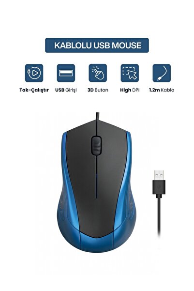 Concord USB Kablolu 3D Optik Mouse – 3 Tuş, Yüksek DPI Hassasiyetli Bilgisaya...