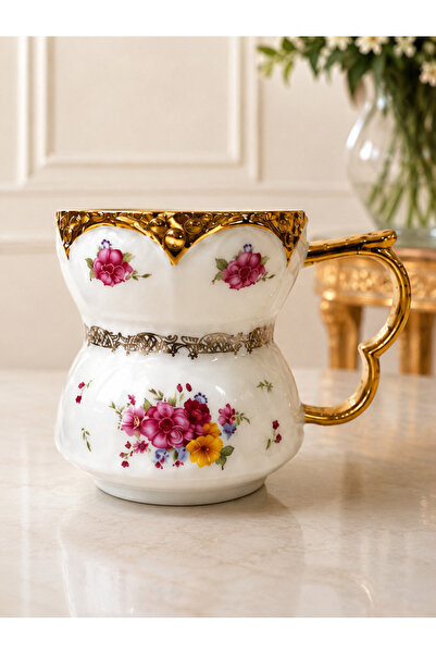 İnterlife Porcelain Mug Cup with Gold Detail and Floral Pattern Vintage Coffe...