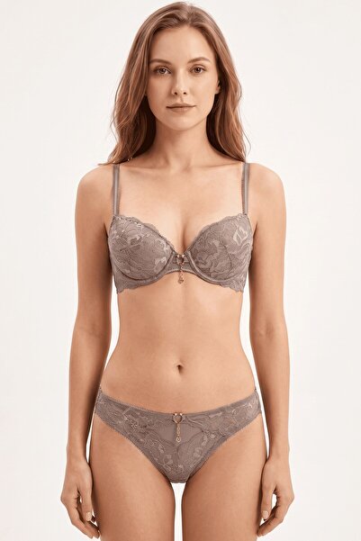 hadiora Women's Mink Gray Lace Supported Bra Set with Padded Accessories Ling...