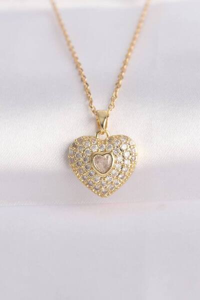 Herşey Nota Gold Color Zircon Stone Heart Necklace – 55 cm Stainless Steel Wo...