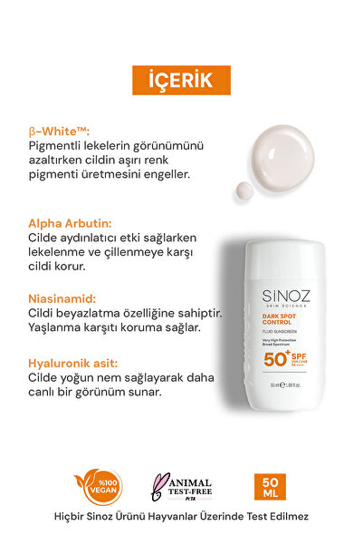 SİNOZ SPF50+ Koyu Cilt Lekelerine Etkili Sıvı Yüz Güneş Kremi-Yeni Nesil Filtreler-Hibrit Formül PA++++