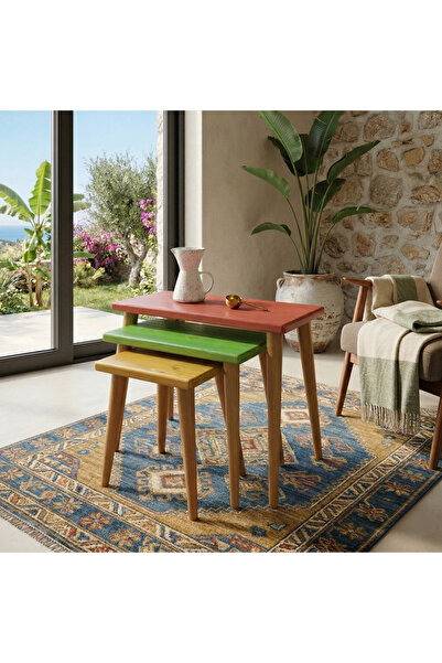 Linea Ligni Premium 3'lü Zigon Sehpa - Metal Bağlantılı Doğal Ahşap - Modern Tarz