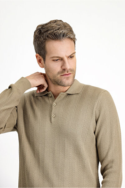 Kiğılı Polo Yaka Slim Fit Dar Kesim Desenli Pamuklu Triko Kazak