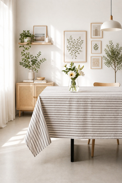 KaiHome Gri Çizgili Keten Masa Örtüsü Modern Dekoratif Yemek Masası Örtüsü