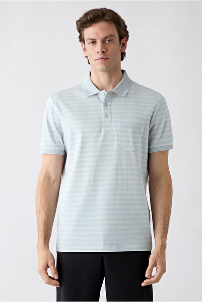 Kiğılı Regular Fit Buttoned Polo Collar Striped Pocket 100% Cotton T-Shirt