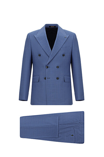 Abdullah Kiğılı 7 Drop Slim Fit Dar Kesim Yünlü Çizgili Kruvaze Takım Elbise