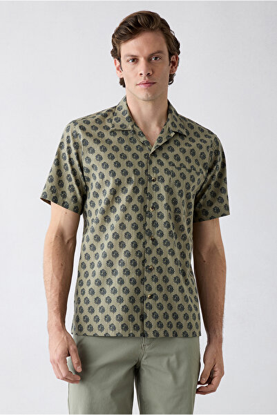 Kiğılı Short Sleeve Regular Fit Apaş Collar Patterned 100% Cotton Shirt