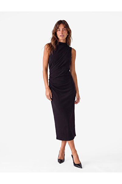 Koton Crepe Scuba Fabric Slit Detailed High Neck Flowy Sleeveless Midi Dress