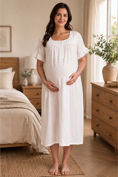 ByLohusa Short Sleeve Muslin Fabric Maternity Nightgown with Breastfeeding Fe...