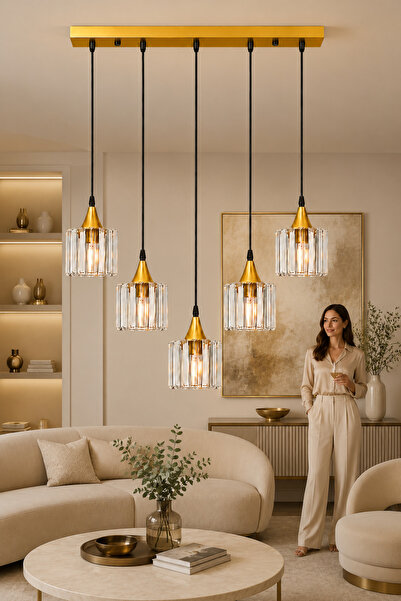 ESSLİGHT Azra 5’li Eskitme Kristal Taşlı Modern Salon Mutfak Yatak Odası Avizesi